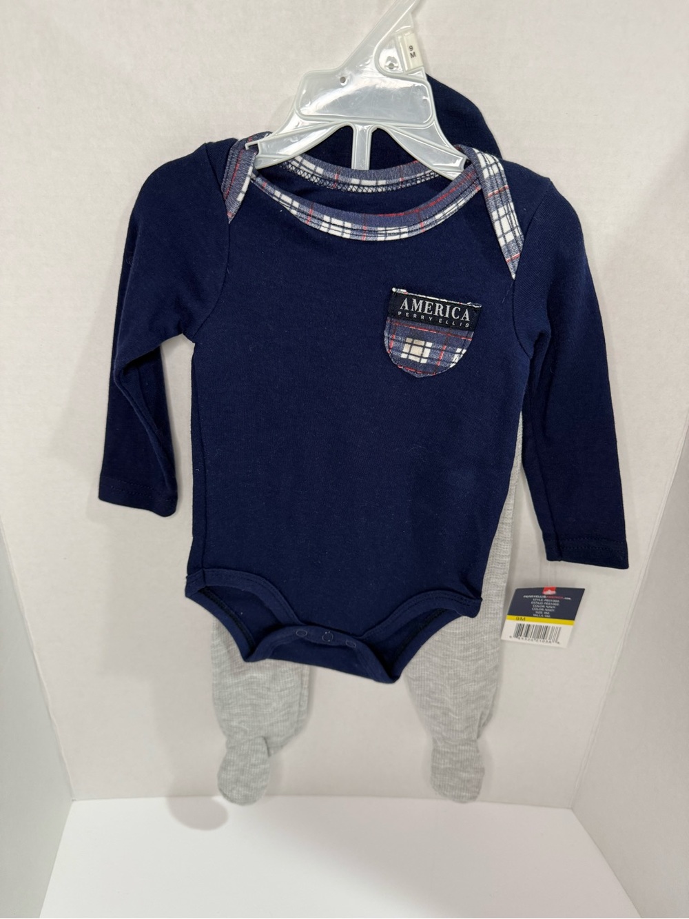 Perry Ellis Navy Long-Sleeve Bodysuit with Plaid Trim